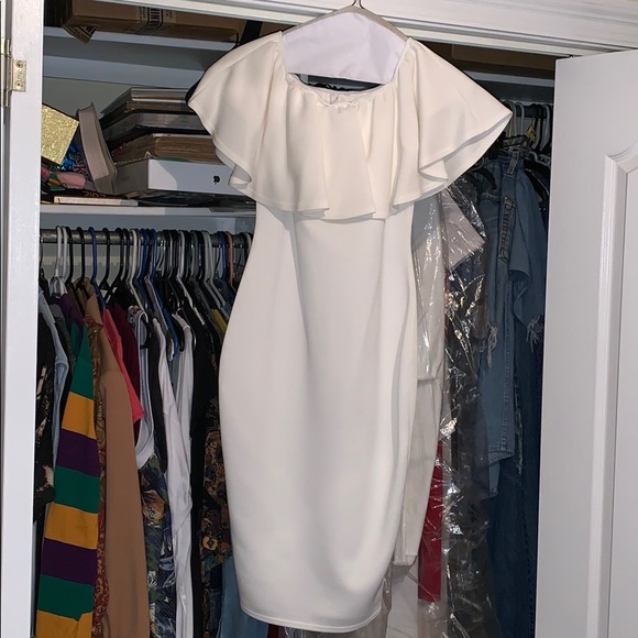 bardot layered frill detail midi dress